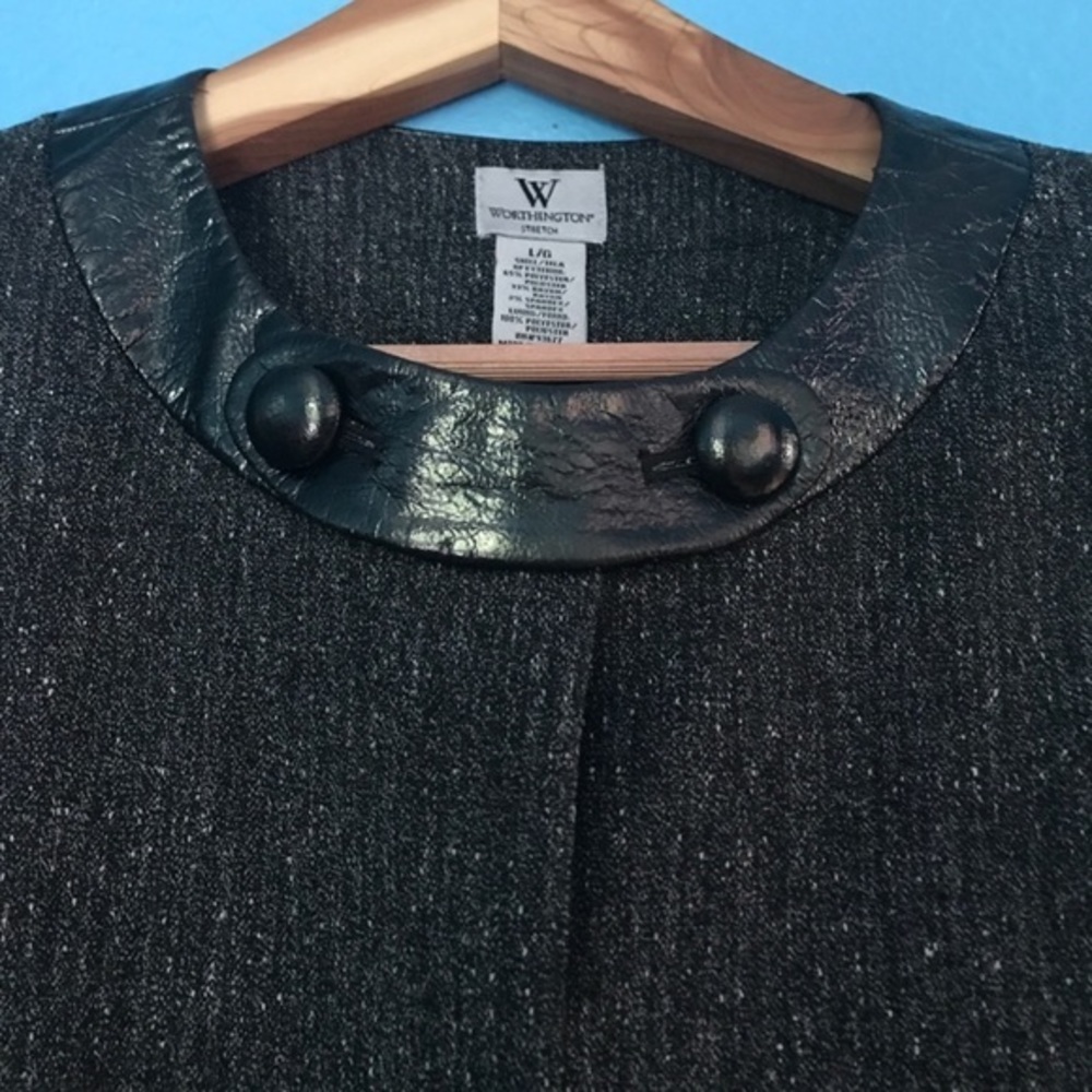 Worthington L retro grey tweed black crinkled faux black leather crop jacket - Picture 4 of 10